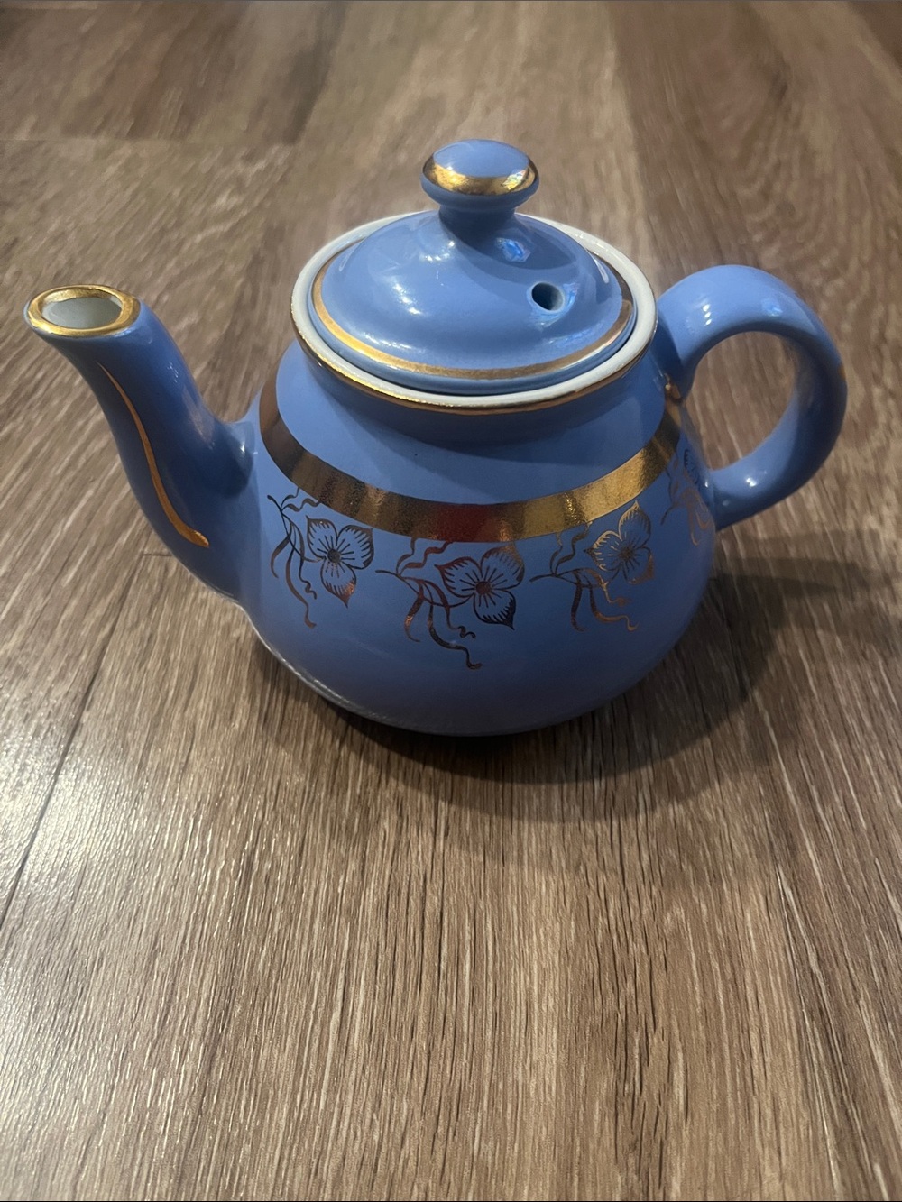 Vintage Hall Blue Teapot with Gold Trim and Floral Motif